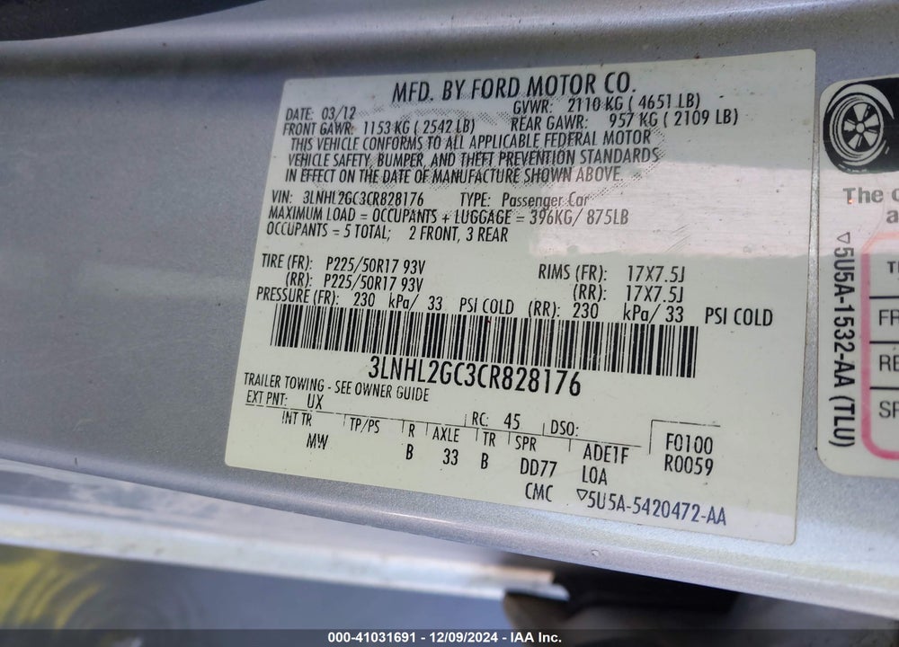 2012 LINCOLN MKZ VIN: 3LNHL2GC3CR828176