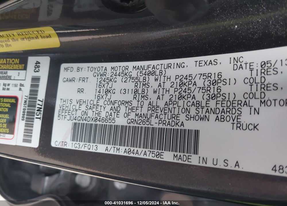 2013 TOYOTA TACOMA DOUBLE CAB PRERUNNER VIN: 5TFJU4GN4DX046655