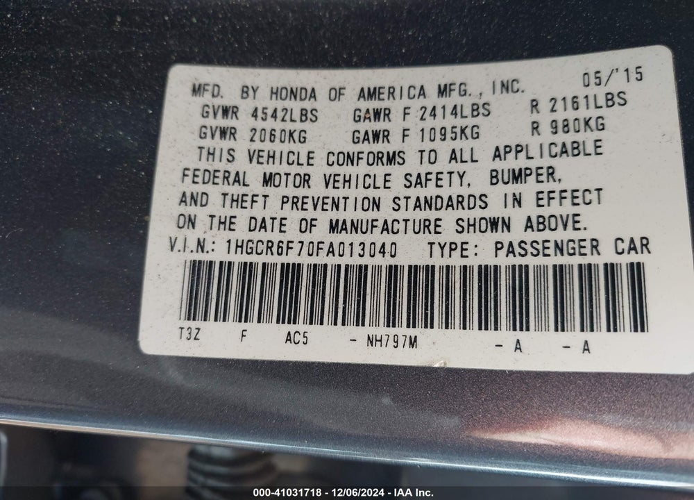 2015 HONDA ACCORD HYBRID TOURING VIN: 1HGCR6F70FA013040