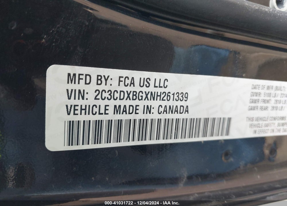 2022 DODGE CHARGER SXT RWD VIN: 2C3CDXBGXNH261339