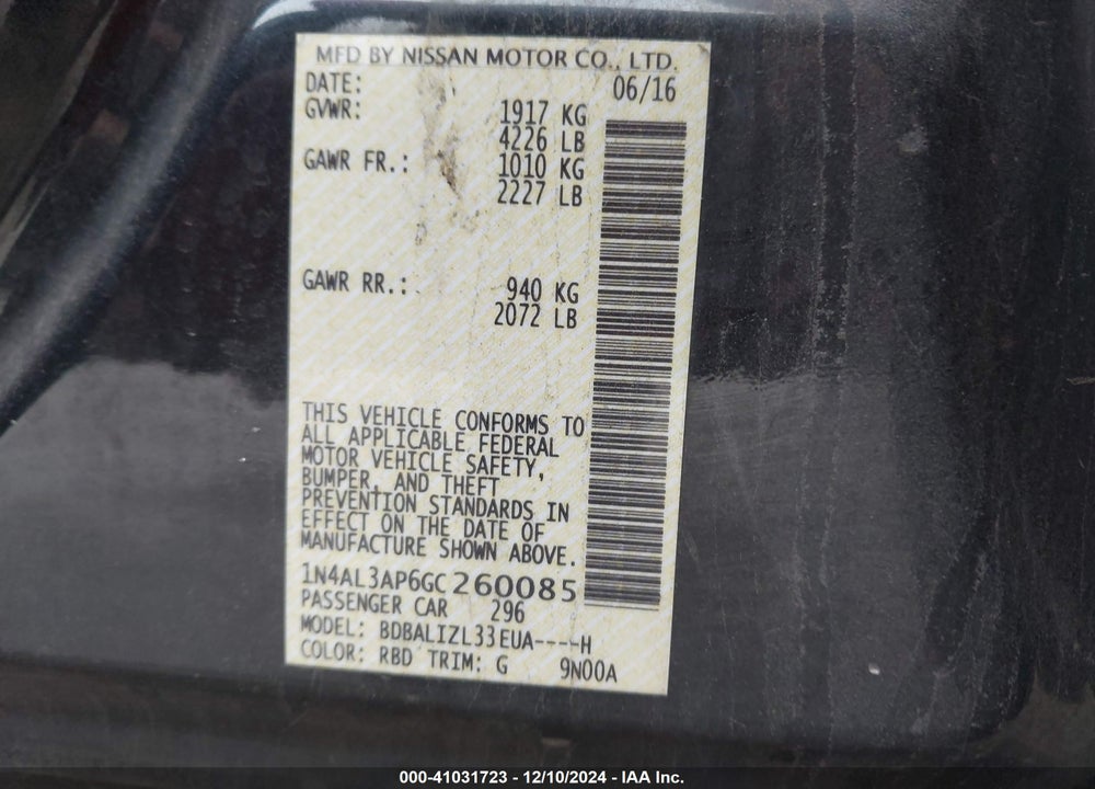 2016 NISSAN ALTIMA VIN: 1N4AL3AP6GC260085