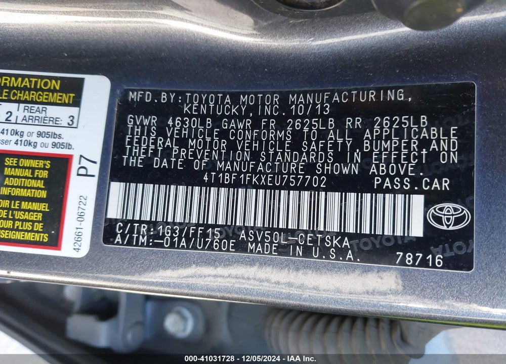 2014 TOYOTA CAMRY SE VIN: 4T1BF1FKXEU757702