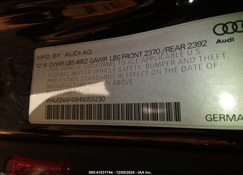 2017 AUDI A4 VIN: WAUGNAF4XHN055230