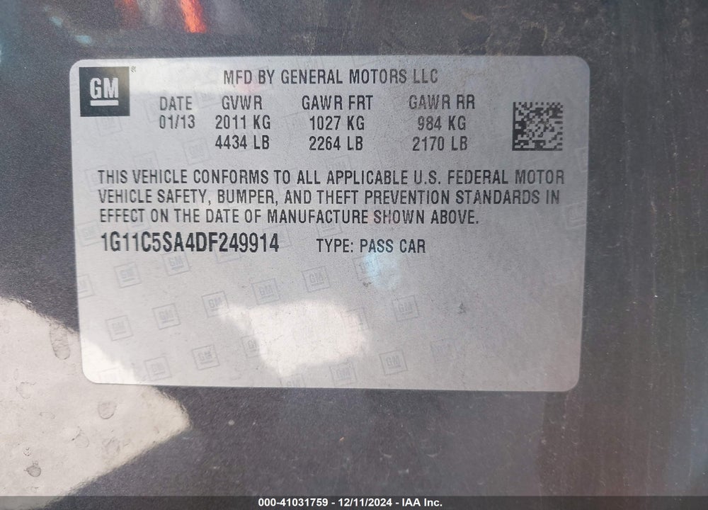 2013 CHEVROLET MALIBU 1LT VIN: 1G11C5SA4DF249914
