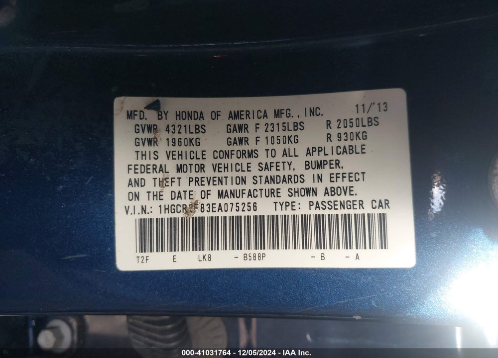 2014 HONDA ACCORD EX-L VIN: 1HGCR2F83EA075256