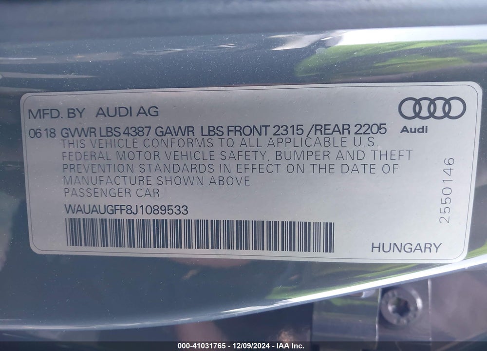 2018 AUDI A3 2.0T PREMIUM/2.0T TECH PREMIUM VIN: WAUAUGFF8J1089533