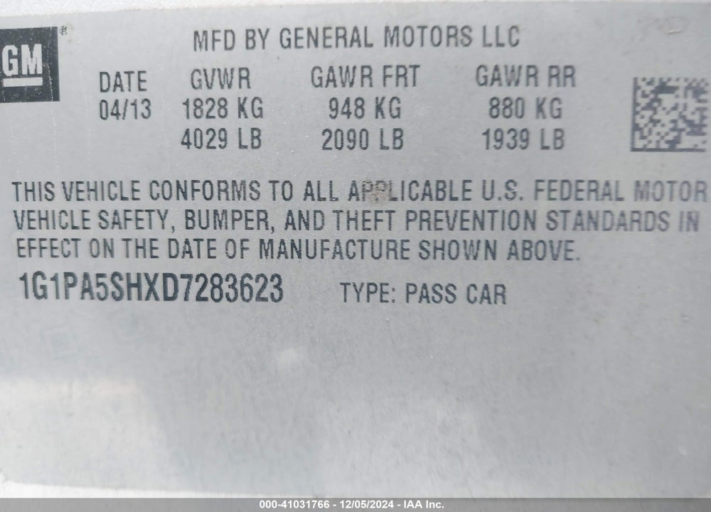 2013 CHEVROLET CRUZE LS AUTO VIN: 1G1PA5SHXD7283623