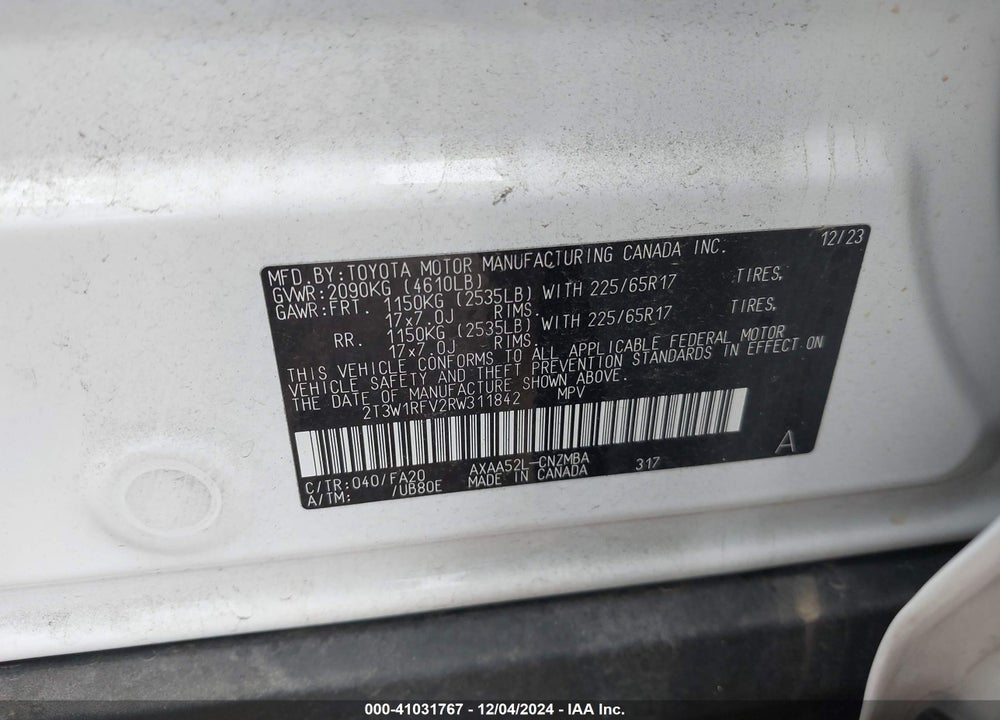 2024 TOYOTA RAV4 XLE VIN: 2T3W1RFV2RW311842