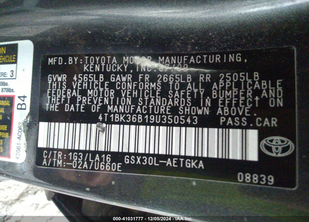 2009 TOYOTA AVALON XLS VIN: 4T1BK36B19U350543