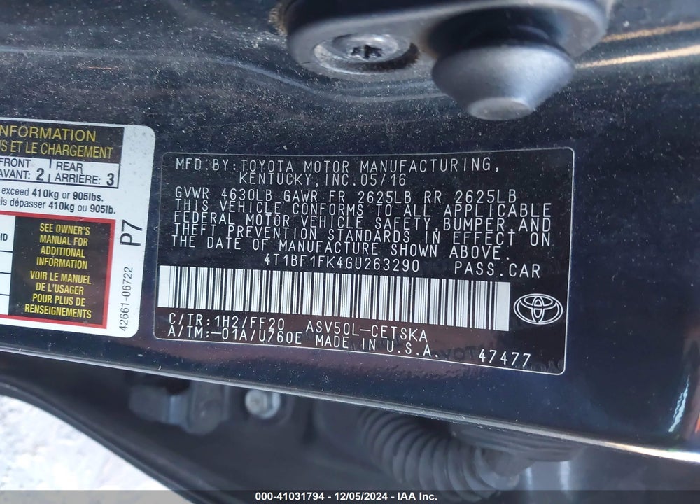 2016 TOYOTA CAMRY SE VIN: 4T1BF1FK4GU263290
