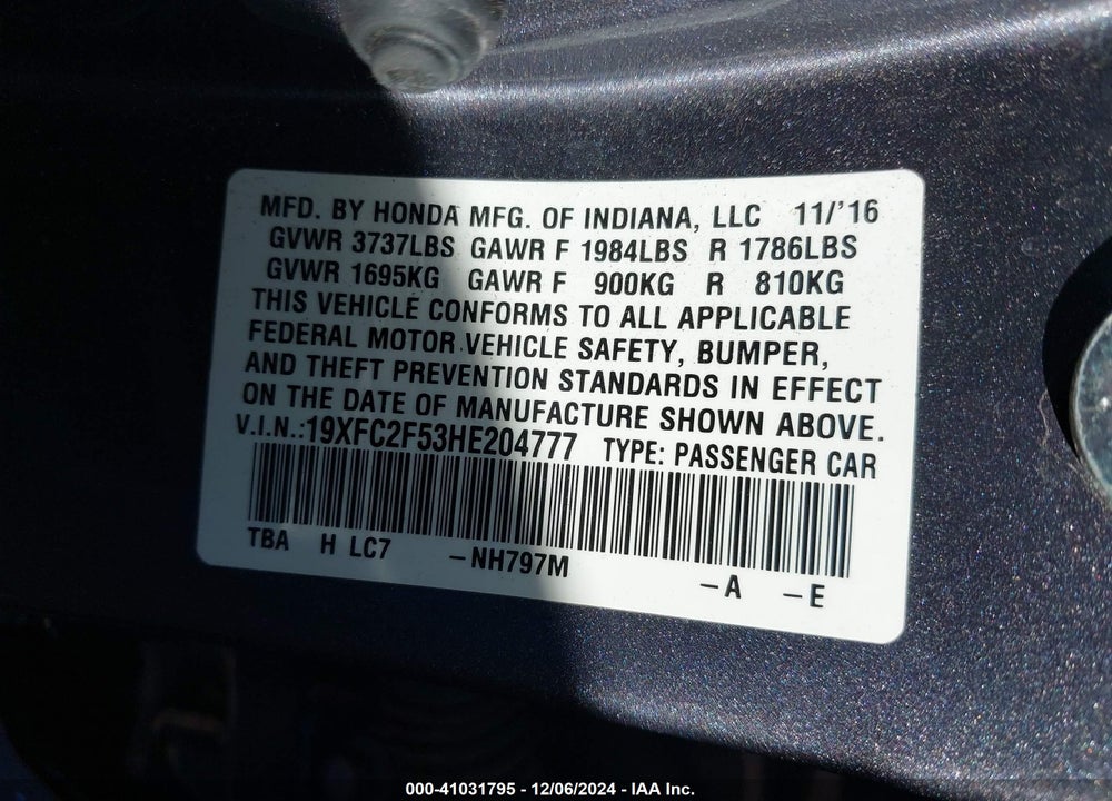 2017 HONDA CIVIC LX VIN: 19XFC2F53HE204777