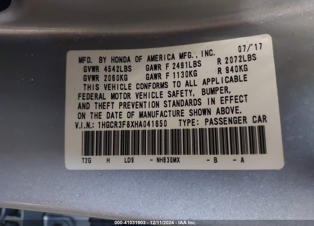 2017 HONDA ACCORD EX-L V6 VIN: 1HGCR3F8XHA041650