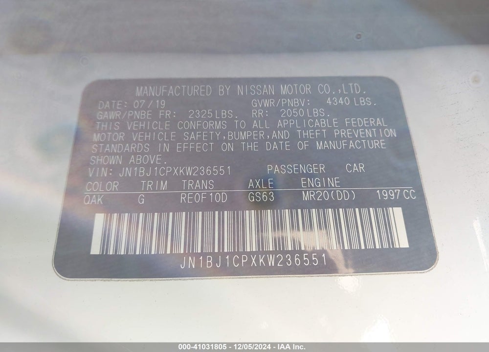 2019 NISSAN ROGUE SPORT S VIN: JN1BJ1CPXKW236551