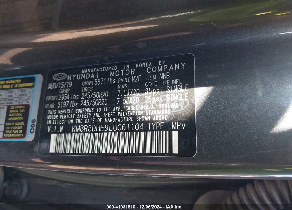 2020 HYUNDAI PALISADE SEL VIN: KM8R3DHE9LU061104