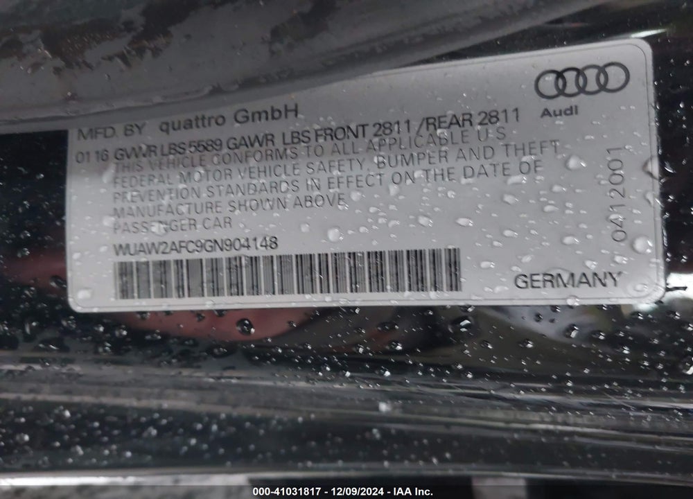 2016 AUDI RS 7 4.0T PRESTIGE VIN: WUAW2AFC9GN904148