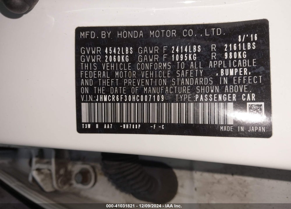 2017 HONDA ACCORD HYBRID VIN: JHMCR6F30HC007109