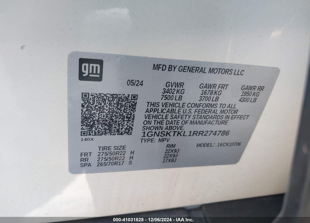 2024 CHEVROLET TAHOE 4WD HIGH COUNTRY VIN: 1GNSKTKL1RR274786