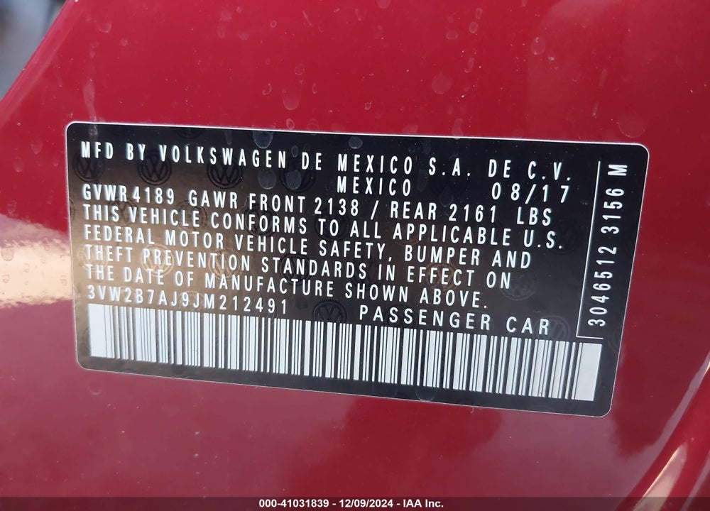 2018 VOLKSWAGEN JETTA 1.4T S VIN: 3VW2B7AJ9JM212491