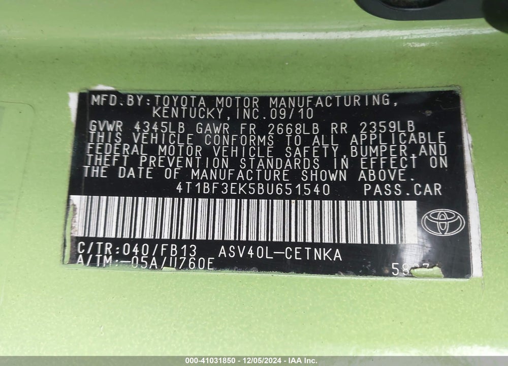 2011 TOYOTA CAMRY LE VIN: 4T1BF3EK5BU651540
