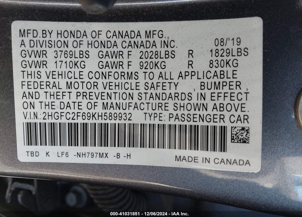2019 HONDA CIVIC VIN: 2HGFC2F69KH589932