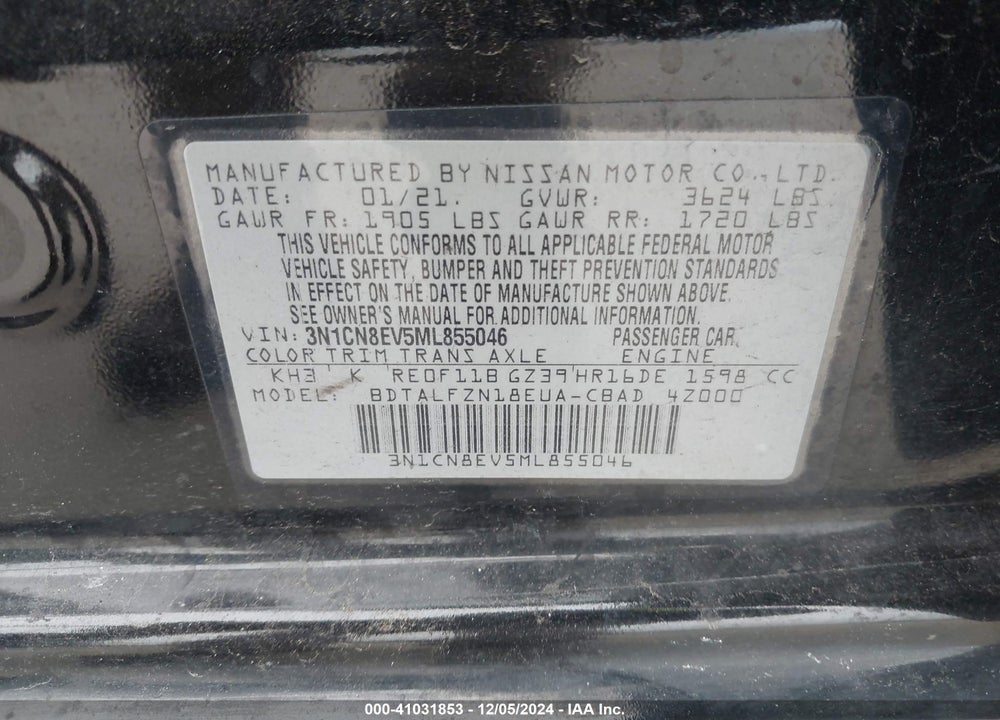 2021 NISSAN VERSA SV XTRONIC CVT VIN: 3N1CN8EV5ML855046