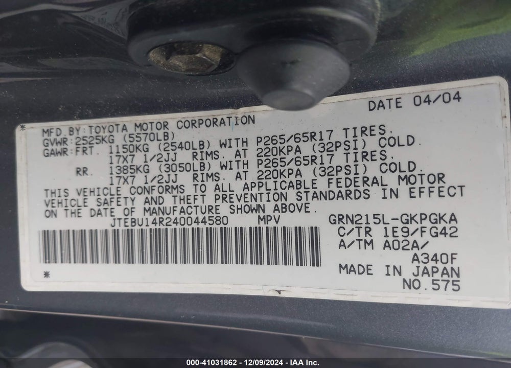 2004 TOYOTA 4RUNNER SR5 V6 VIN: JTEBU14R240044580