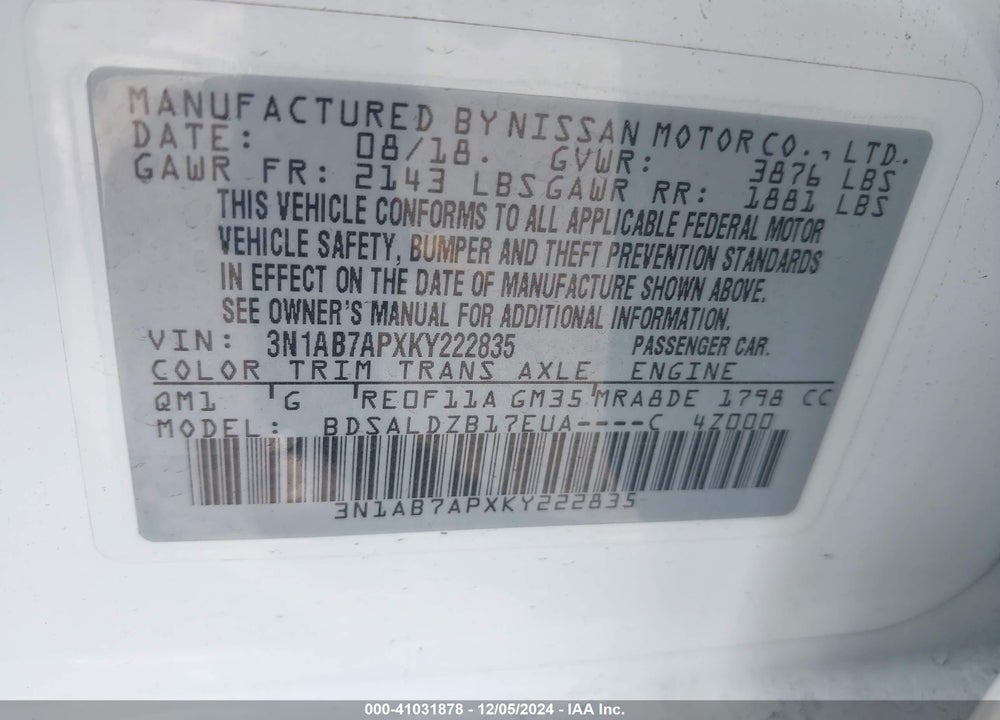 2019 NISSAN SENTRA SV VIN: 3N1AB7APXKY222835