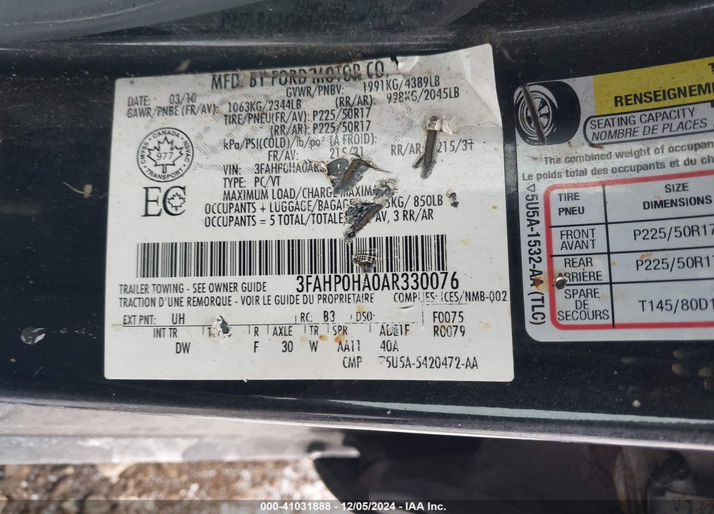 2010 FORD FUSION SE VIN: 3FAHP0HA0AR330076