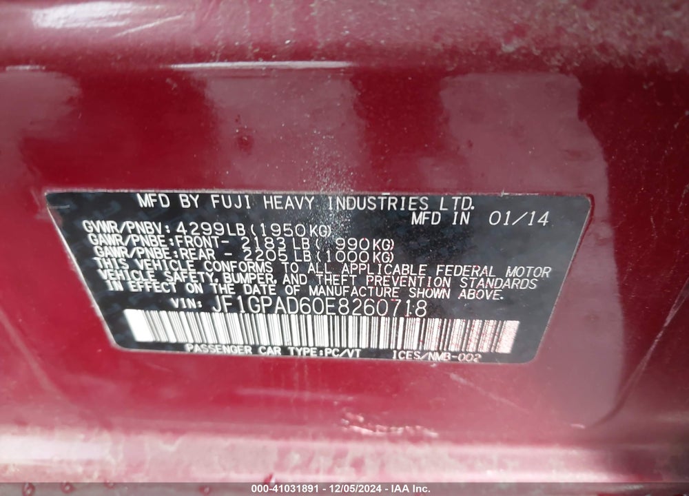 2014 SUBARU IMPREZA 2.0I PREMIUM VIN: JF1GPAD60E8260718
