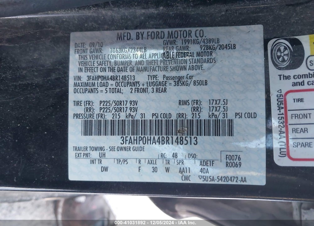 2011 FORD FUSION SE VIN: 3FAHP0HA4BR148513
