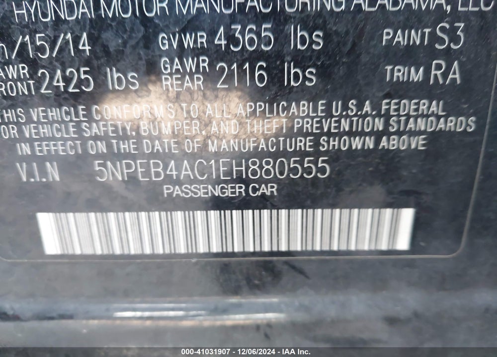 2014 HYUNDAI SONATA GLS VIN: 5NPEB4AC1EH880555