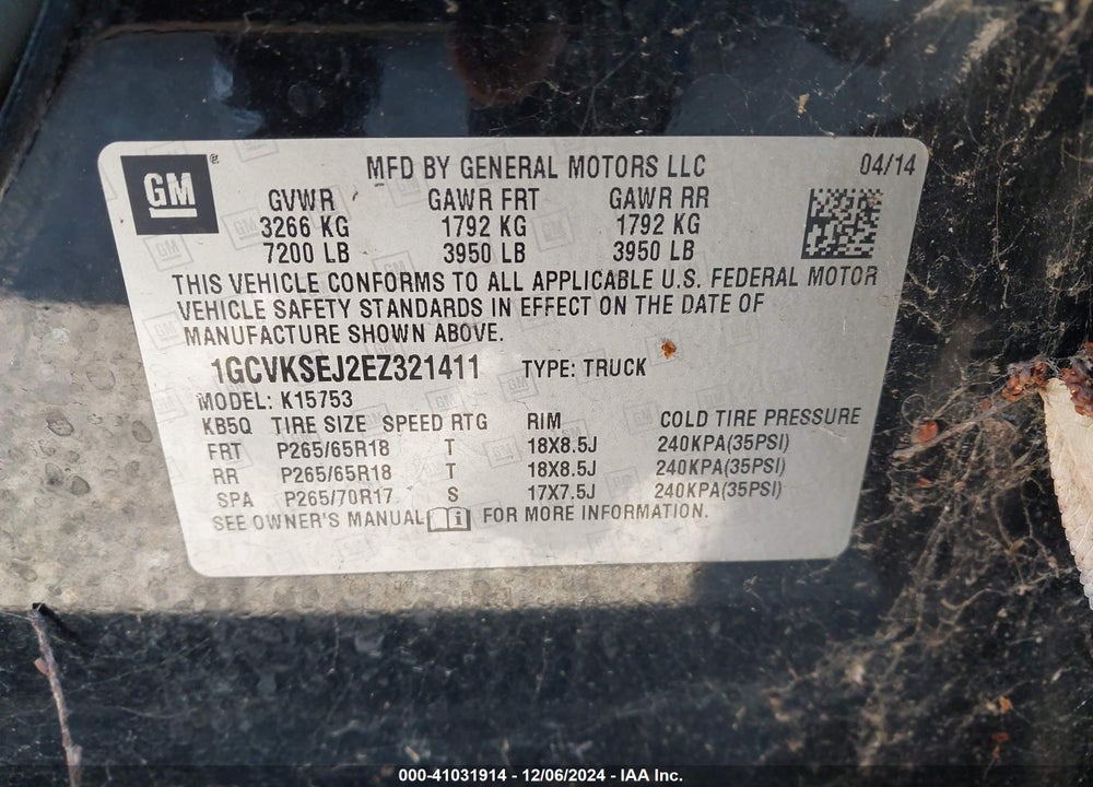 2014 CHEVROLET SILVERADO 1500 2LZ VIN: 1GCVKSEJ2EZ321411