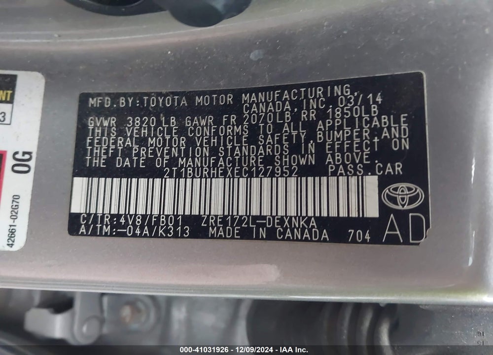 2014 TOYOTA COROLLA VIN: 2T1BURHEXEC127952