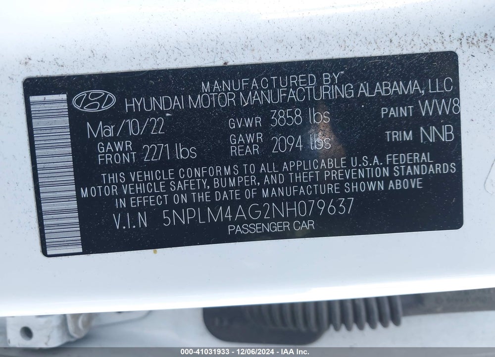 2022 HYUNDAI ELANTRA SEL VIN: 5NPLM4AG2NH079637