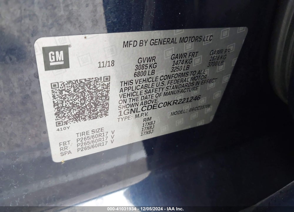 2019 CHEVROLET TAHOE COMMERCIAL FLEET VIN: 1GNLCDEC0KR221246
