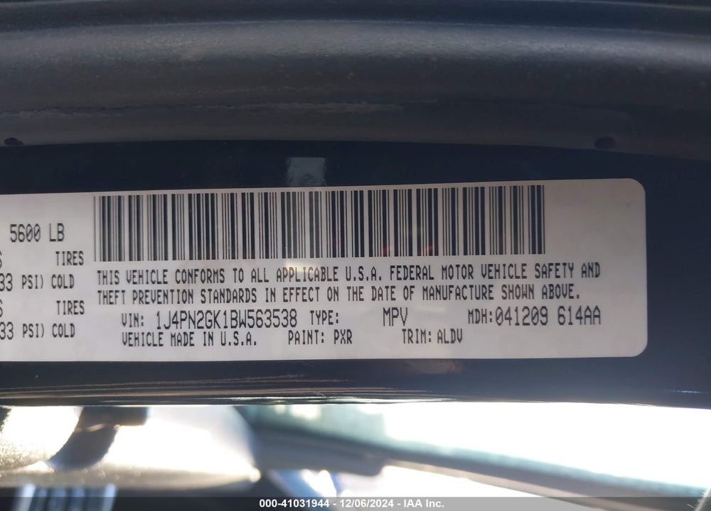 2011 JEEP LIBERTY SPORT VIN: 1J4PN2GK1BW563538