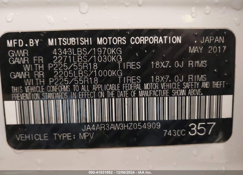 2017 MITSUBISHI OUTLANDER SPORT 2.4 SE VIN: JA4AR3AW3HZ054909