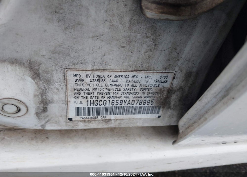 2000 HONDA ACCORD 3.0 EX VIN: 1HGCG1659YA078995