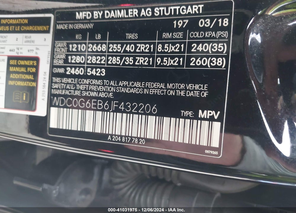 2018 MERCEDES-BENZ AMG GLC 43 4MATIC VIN: WDC0G6EB6JF432206