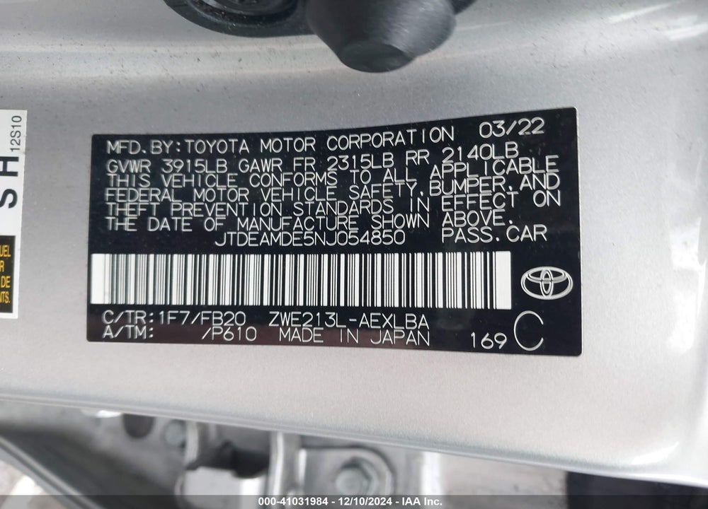 2022 TOYOTA COROLLA HYBRID LE VIN: JTDEAMDE5NJ054850