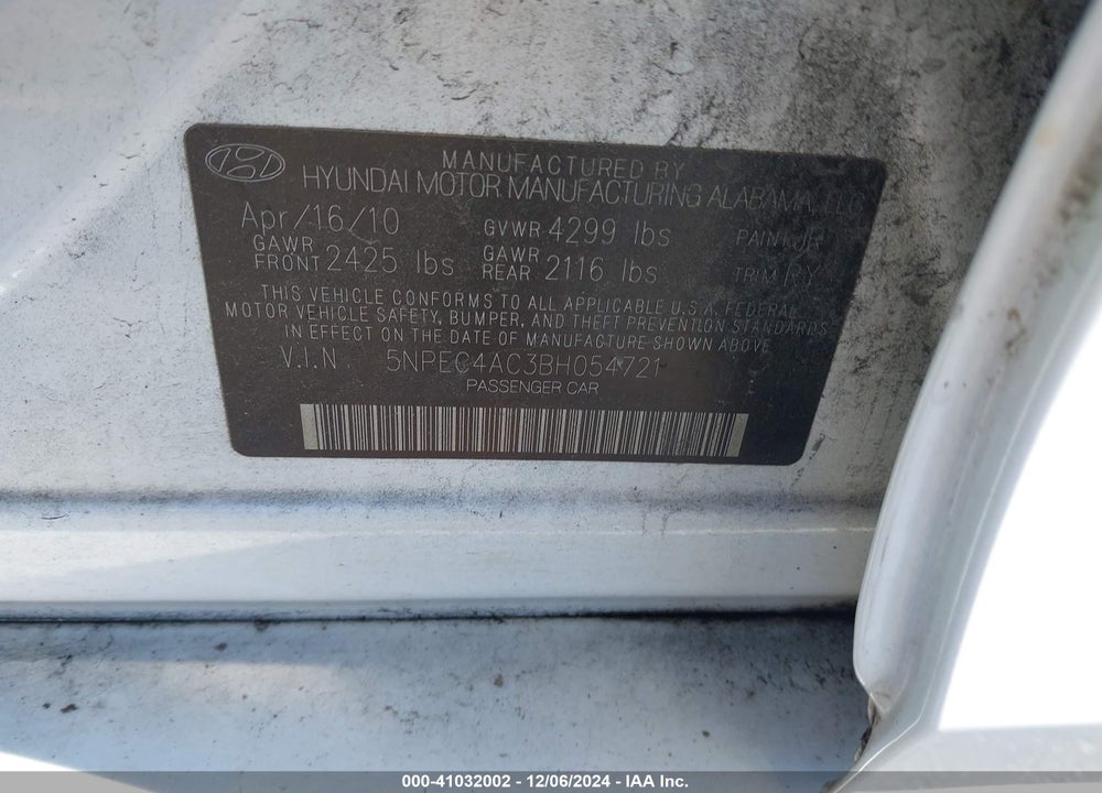 2011 HYUNDAI SONATA SE VIN: 5NPEC4AC3BH054721