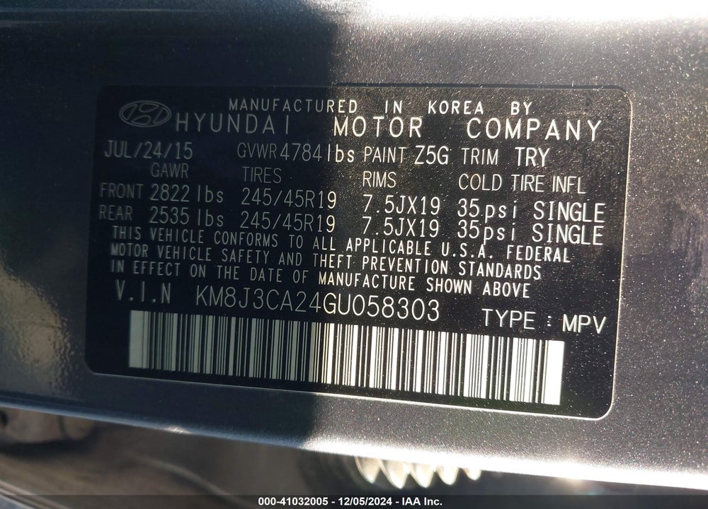 2016 HYUNDAI TUCSON LIMITED VIN: KM8J3CA24GU058303