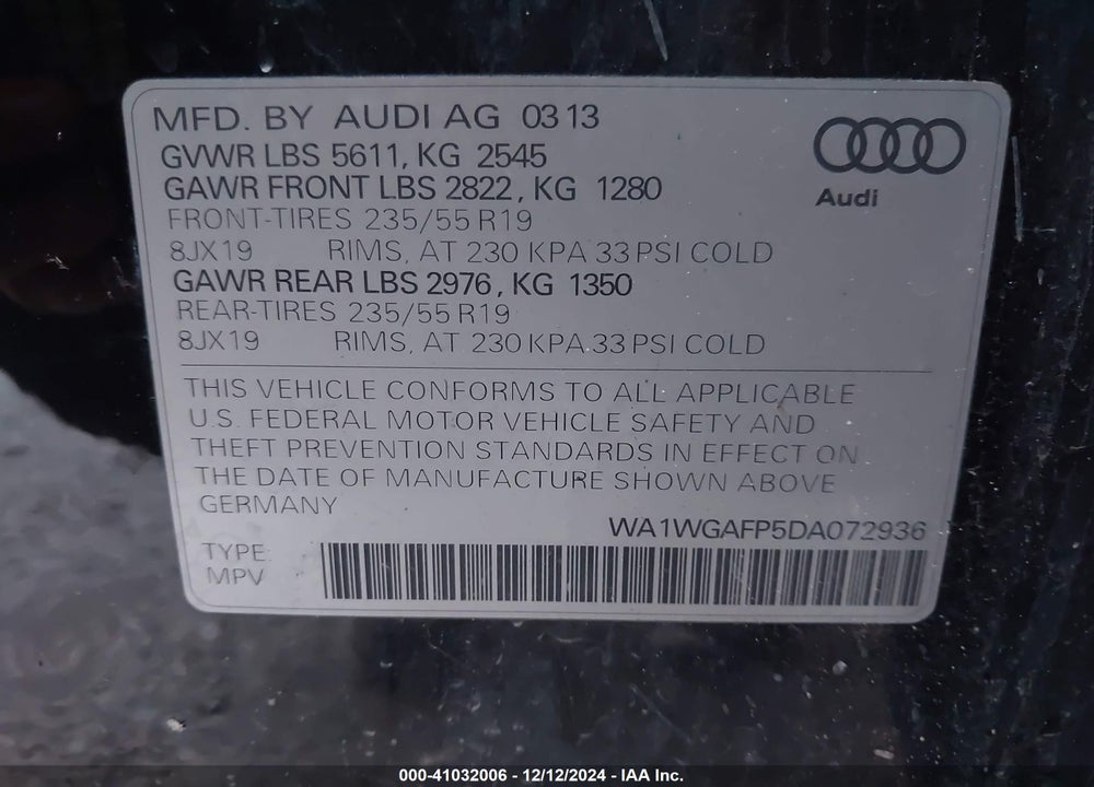 2013 AUDI Q5 3.0T PREMIUM PLUS VIN: WA1WGAFP5DA072936