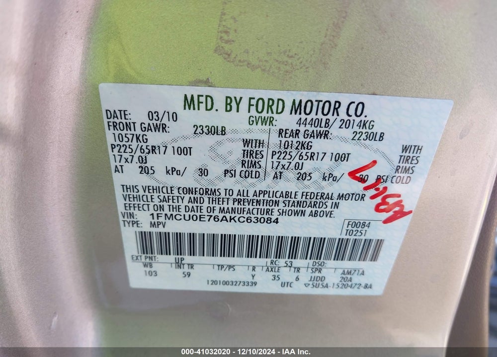2010 FORD ESCAPE LIMITED VIN: 1FMCU0E76AKC63084
