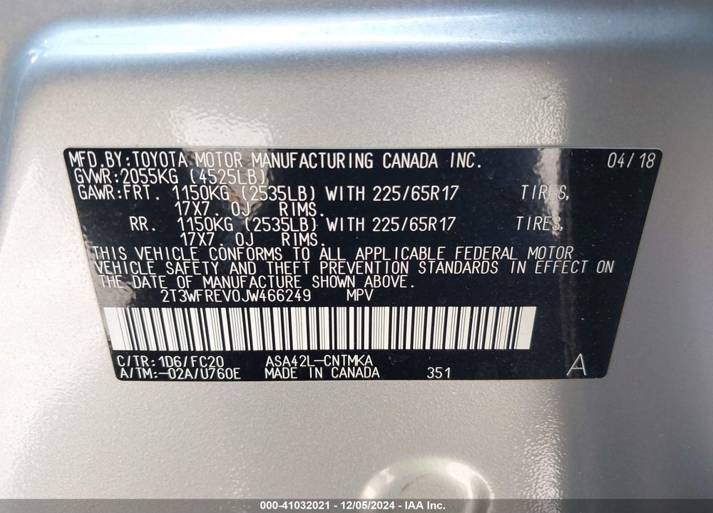 2018 TOYOTA RAV4 ADVENTURE/XLE VIN: 2T3WFREV0JW466249