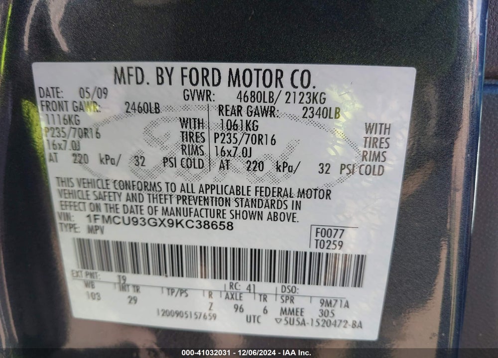 2009 FORD ESCAPE XLT VIN: 1FMCU93GX9KC38658
