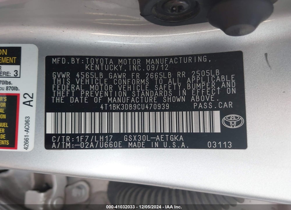 2012 TOYOTA AVALON VIN: 4T1BK3DB9CU470939