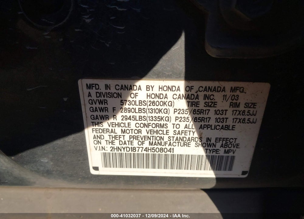 2004 ACURA MDX VIN: 2HNYD18774H508041