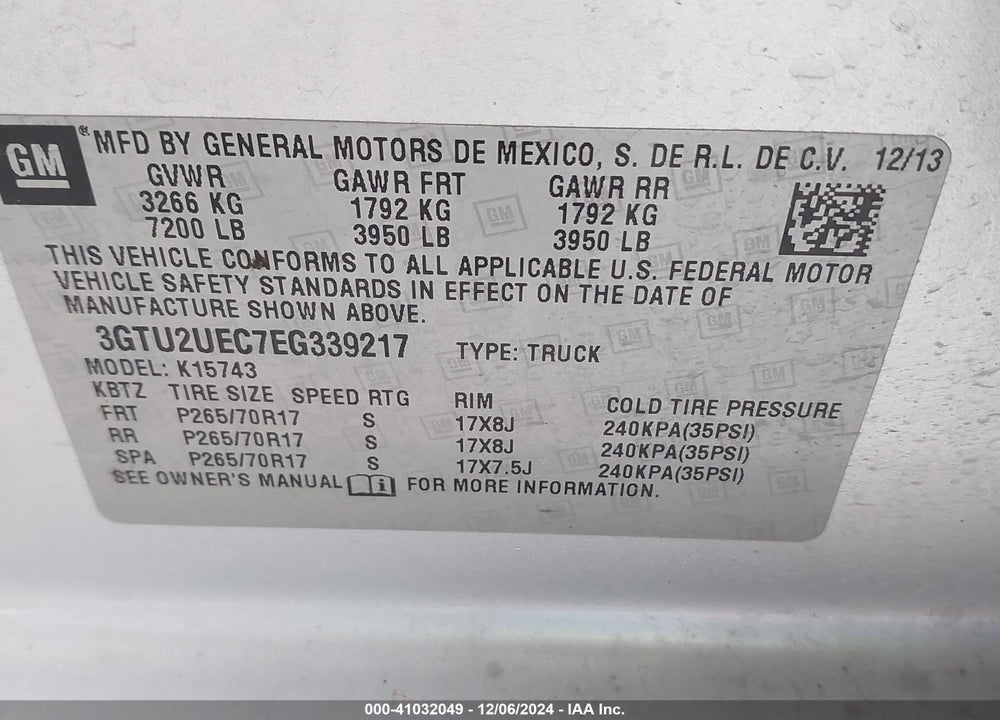 2014 GMC SIERRA 1500 SLE VIN: 3GTU2UEC7EG339217