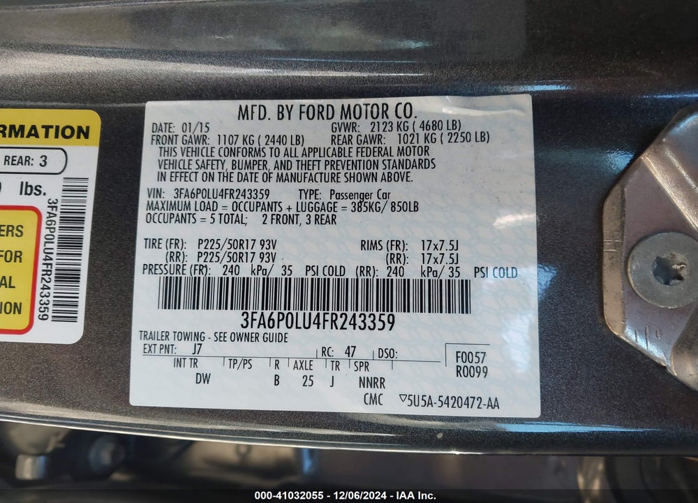 2015 FORD FUSION HYBRID SE VIN: 3FA6P0LU4FR243359